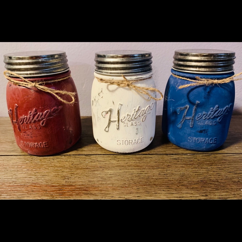 Red white and blue rustic mason jar set